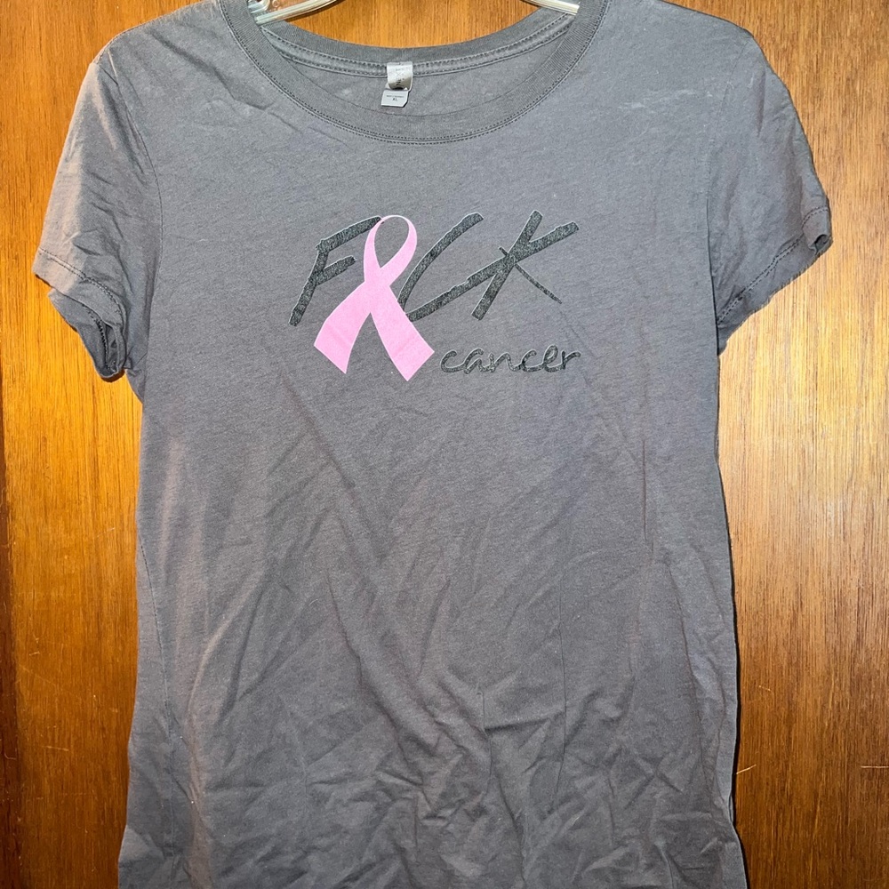 Next Level Apparel Gray Tee with Pink Ribbon Graphic